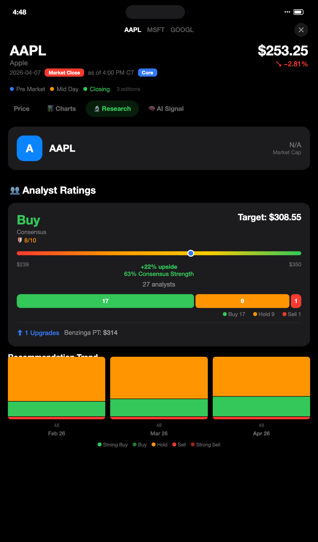 Research tab showing analyst ratings and consensus for AAPL