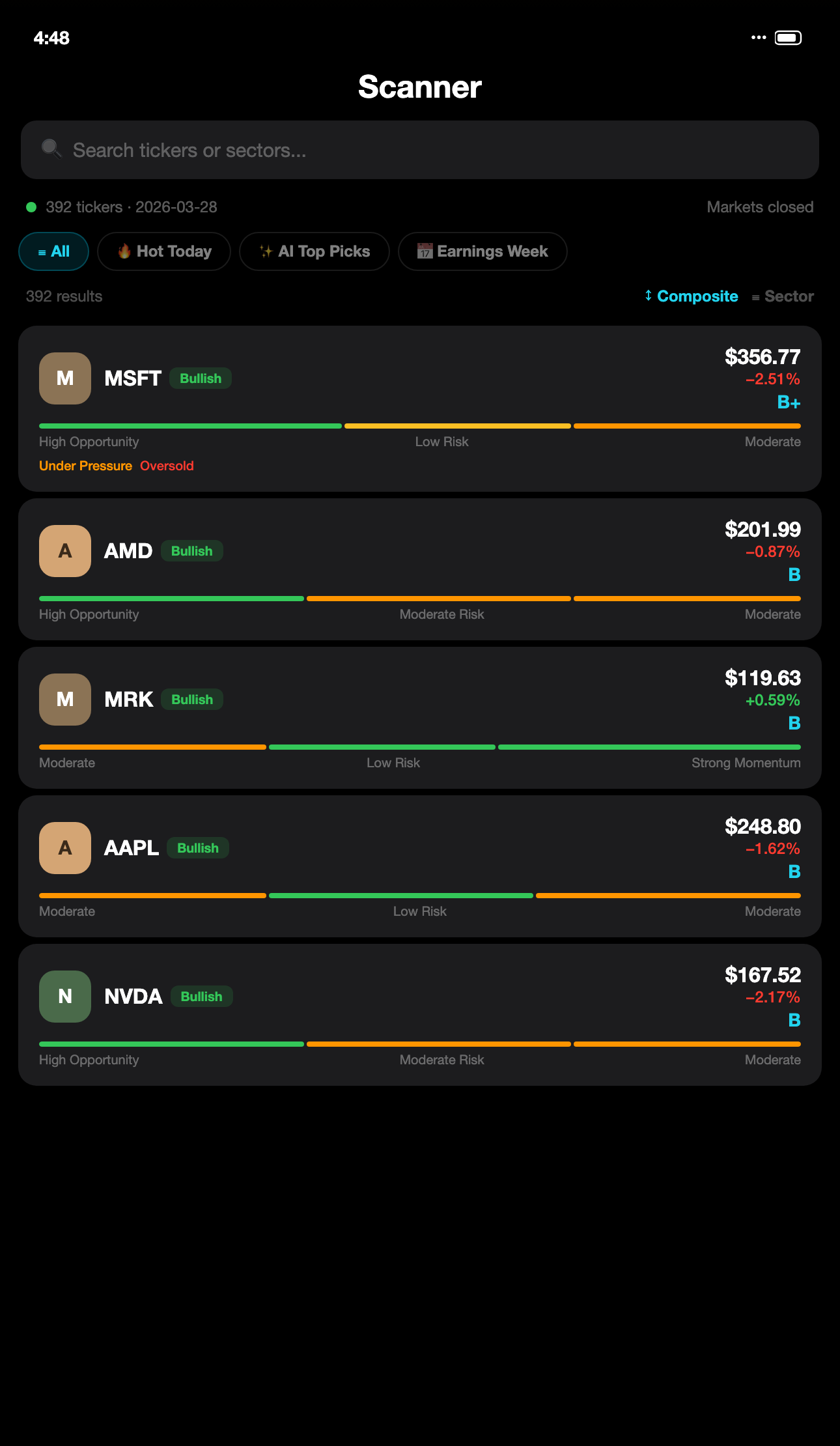Opportunity Scanner with ranked tickers and composite scores